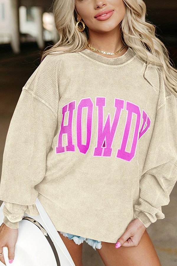 Solid Color Loose Round Neck Pullover Long Sleeve Top apricot