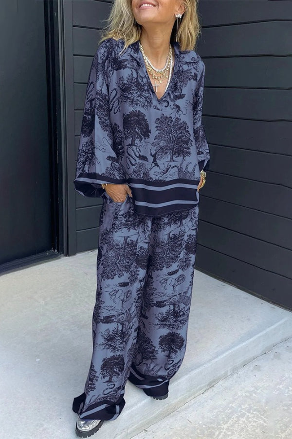 Casual Border Printing Two Pieces Set Navy blue