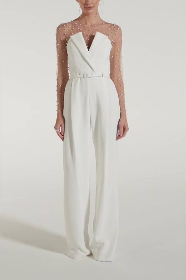 V Neck Strapless Pocketed Wide Leg Jumpsuit