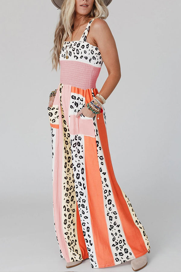 Pink Leopard Color Block Mix Print Straps Jumpsuit