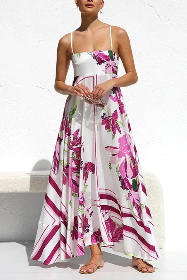 Spaghetti Strap High Waist Floral Print Swing Maxi Vacation Dress Magenta