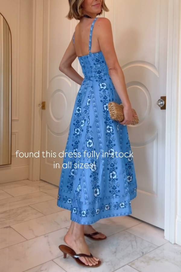 Blue White Floral Square Neck Spaghetti Strap Midi Dress High Waist A-Line Vacation Sundress
