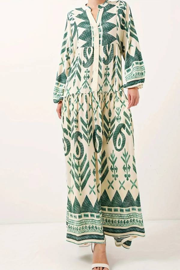 Printed lantern sleeves loose dress