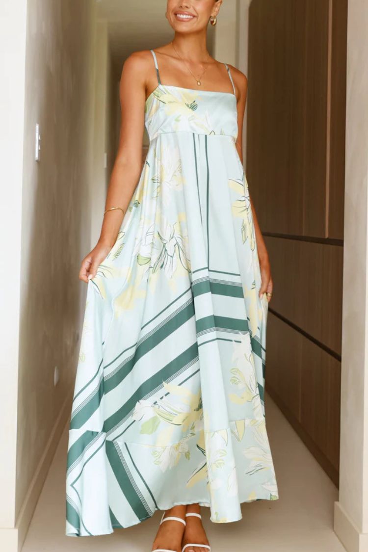 Botanical Print Square Neck Suspender Casual Full Hem Maxi Dress