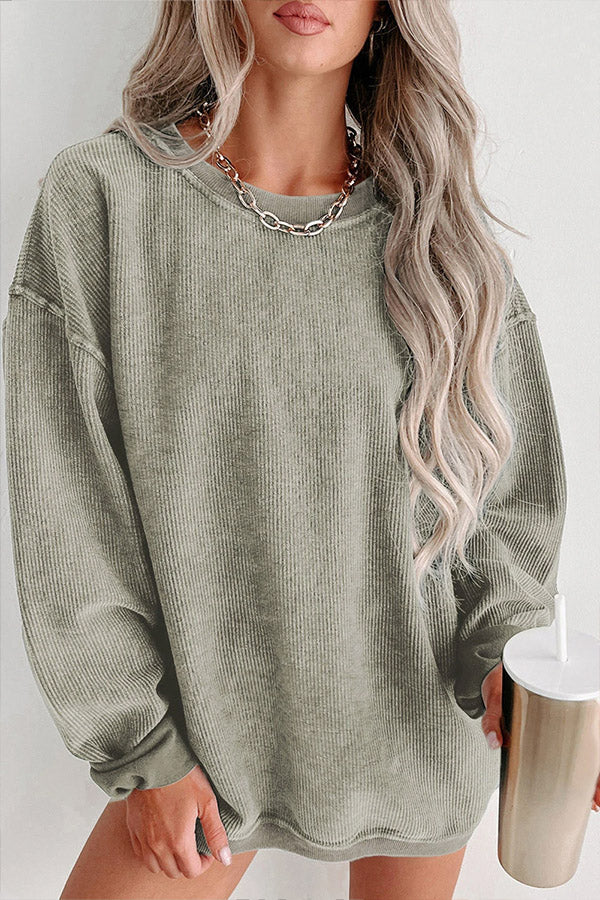 Solid Ribbed Round Neck Pullover Sweatshirt Green