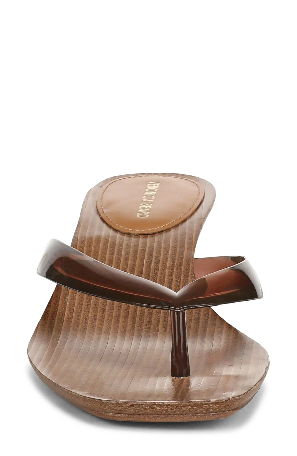 Wood Grain Square Toe Thong Kitten Heel Mules Transparent PVC Vacation Sandals