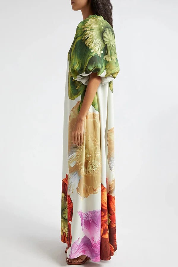 Floral Print Slant Collar Puff Sleeves Loose Holiday Maxi Dress