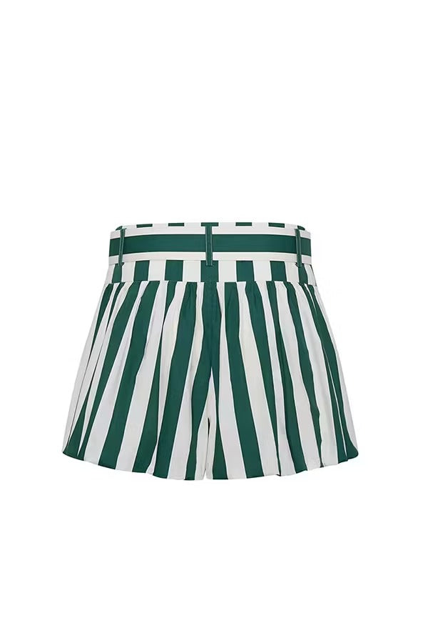 Claudine Striped Heart-shaped Smocked Tank and Raffia Buckle Belted Pocket Bubble Shorts Set