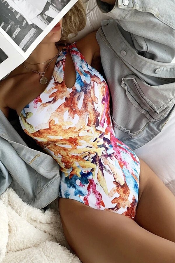 One-shoulder Cutout Print One-piece Swimsuit Orange