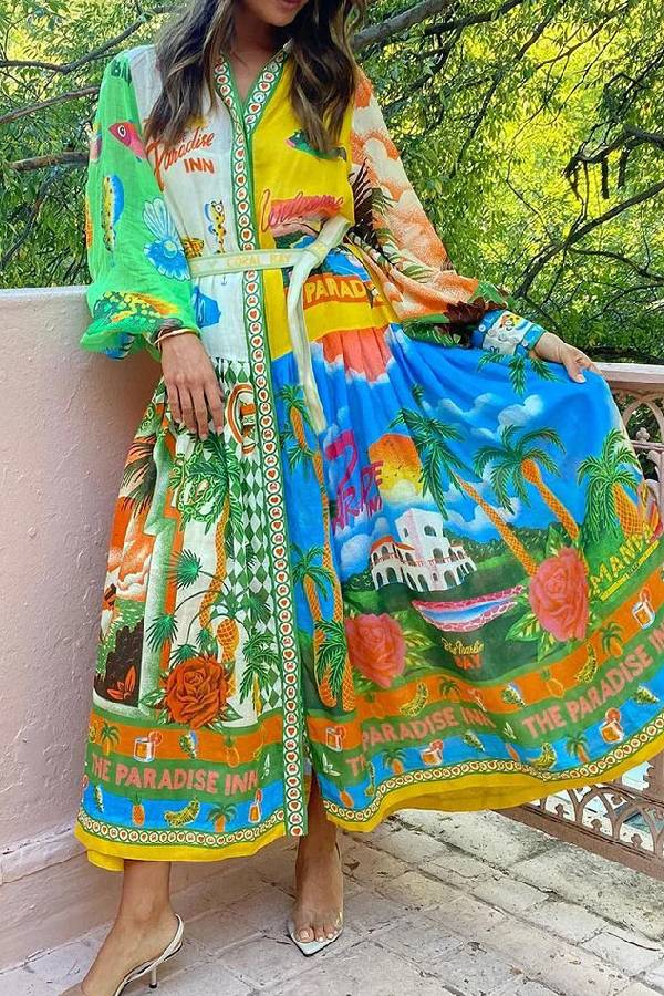 Summer Vacation Style Printed Long-sleeved Dress As picture