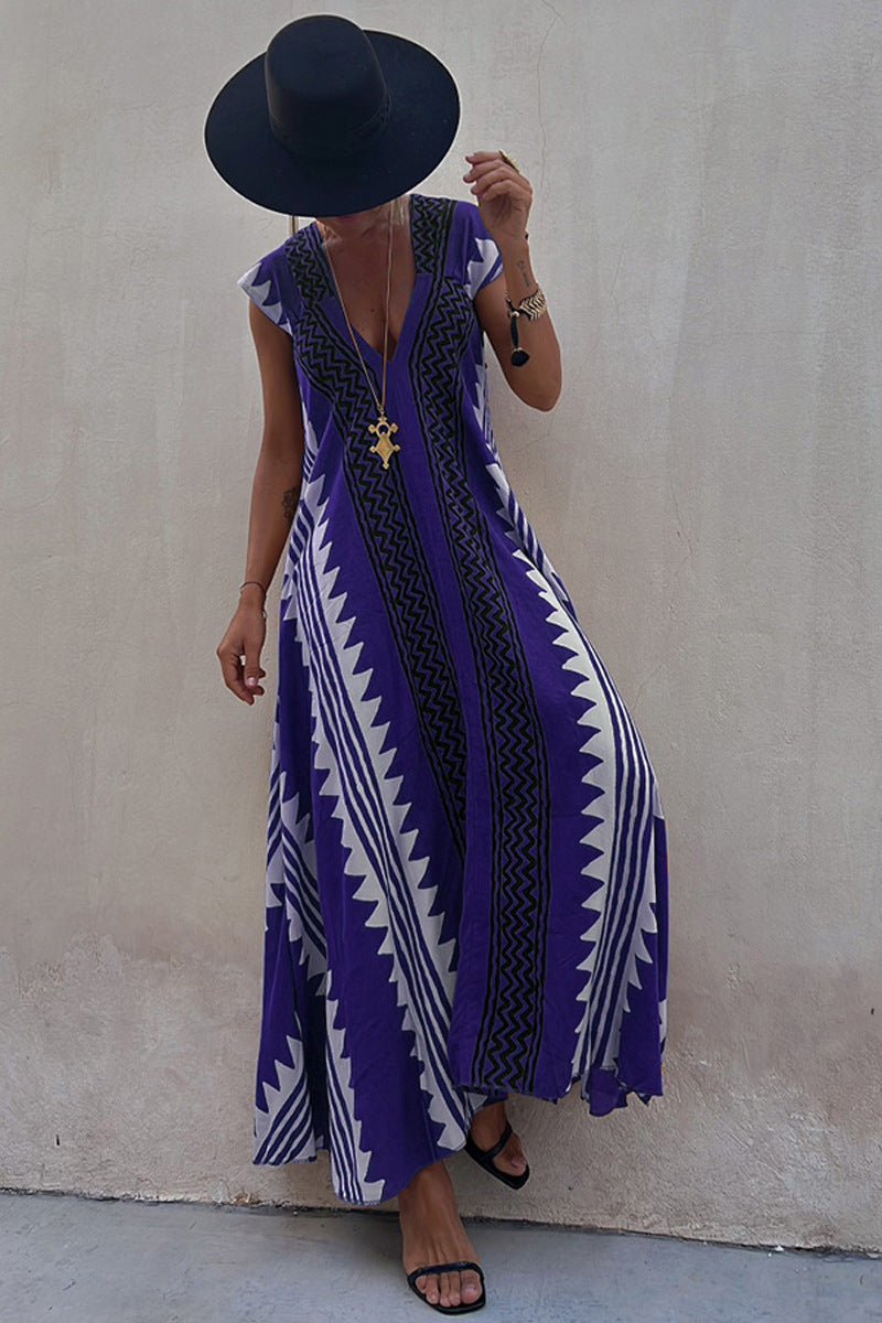 Beach Dates Ethnic Print A-line Maxi Dress Blue
