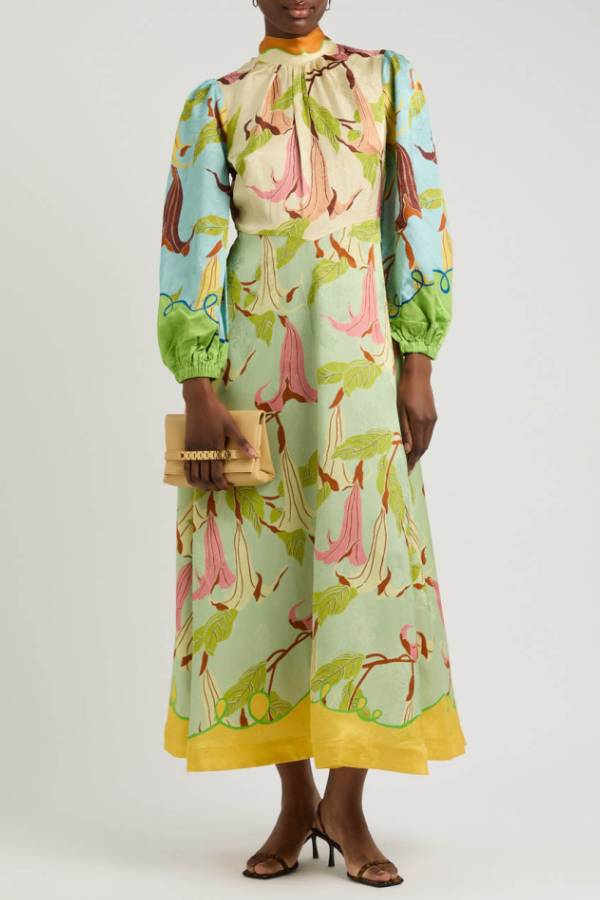 Unique Morning Glory Print Long Sleeve Midi Dress Green
