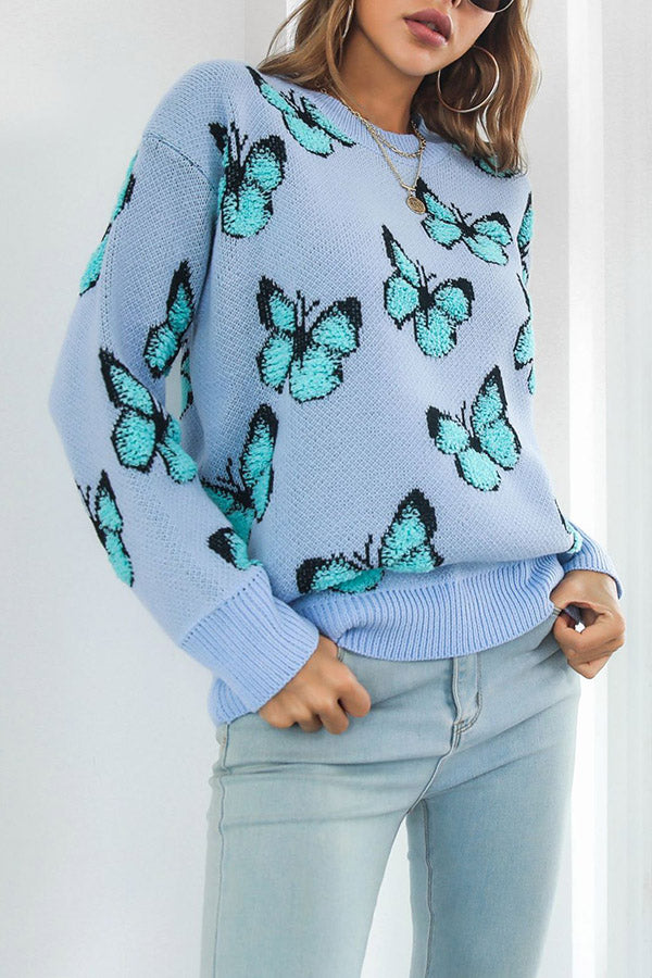 Three-dimensional butterfly women's loose autumn and winter long-sleeved sweater Blue