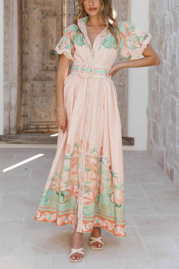 Flamingo Print Puff Sleeve Waist-Cinched Shirt Maxi Dress