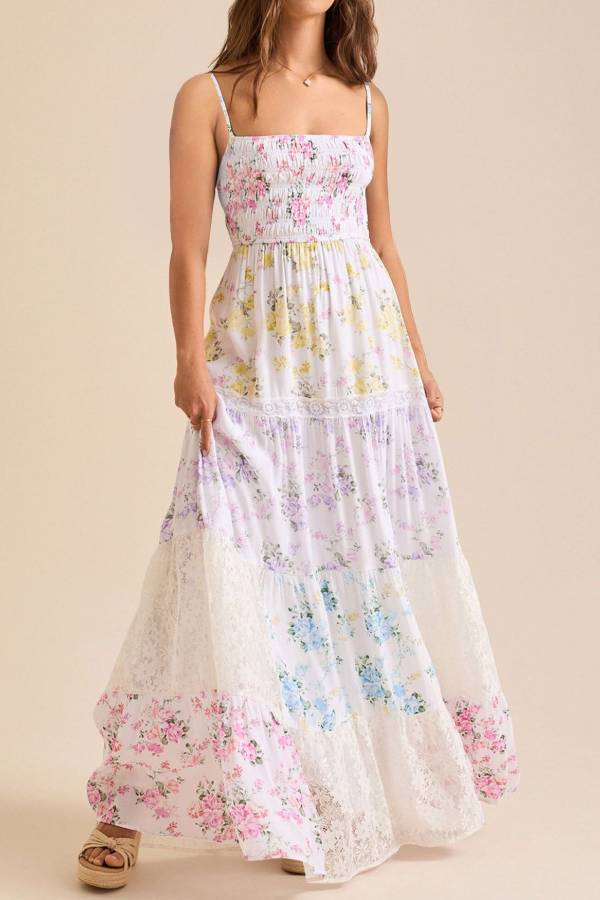 Delicate Floral Lace Panel Cami Shirred Maxi Dress for Seaside Vacations & Romantic Getaways