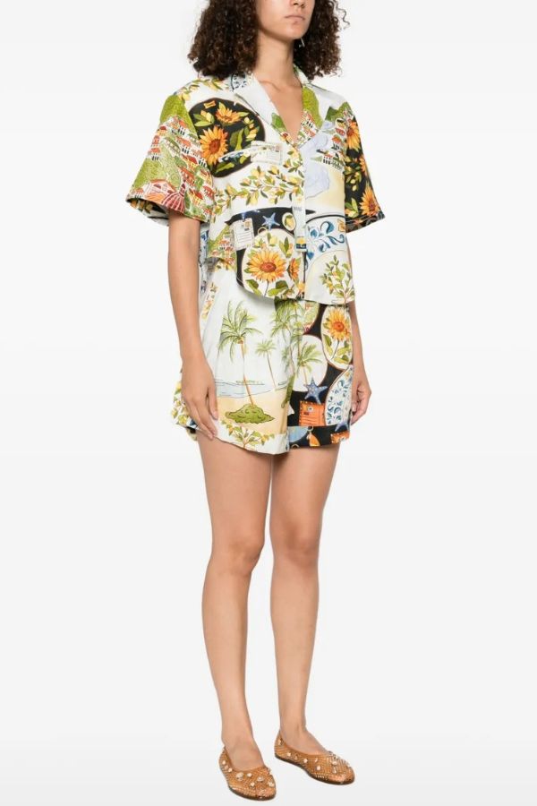 Ensemble chemise à manches courtes boutonnée et short ample à poches, mélange de lin, style insulaire, imprimé unique
