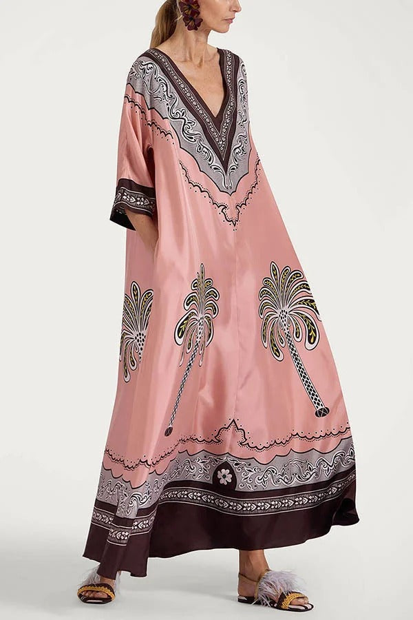 Satin Unique Print Casual V-neck Loose Holiday Maxi Dress