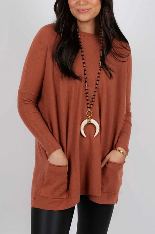 Winter Melodies Knit Crew Neck Front Pockets Oversized Sweater Rust