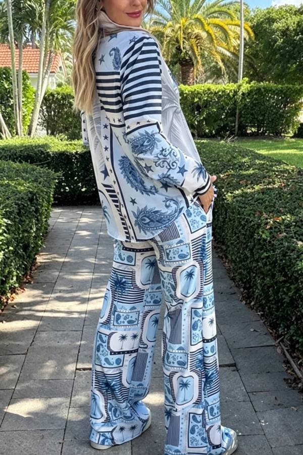 Esella Satin Jungle Print Long Sleeve Shirt and Elastic Waist Pocket Wide Leg Pants Set