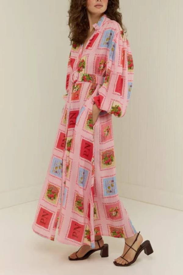 Puff Sleeve Tie-Waist Novelty Print Maxi Shirt Dress