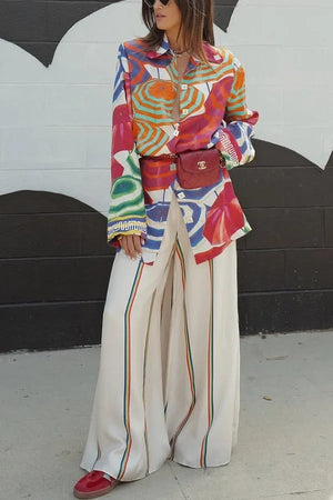 Elouise Satin Color Block Art Print Long Sleeve Button Back Elastic Waist H-line Mini Dress