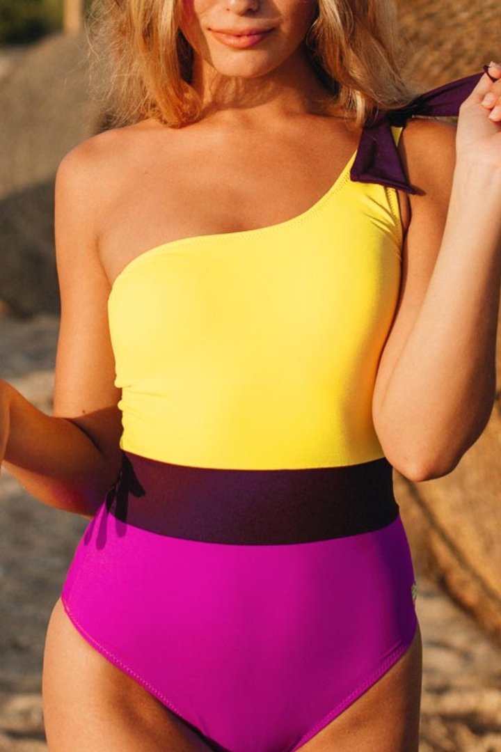 One Shoulder Color-lump Patchwork Green One-piece Swimsuit(3 Colors) Yellow