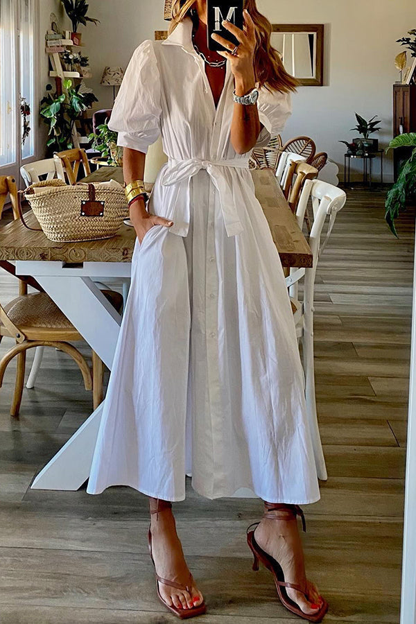 Vintage Pocketed Shirt Midi Dress White