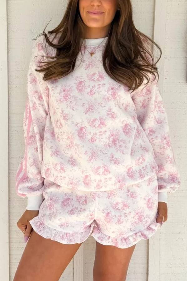 Vintage Floral Ruffle Sweatshirt & Shorts Two‑Piece Set
