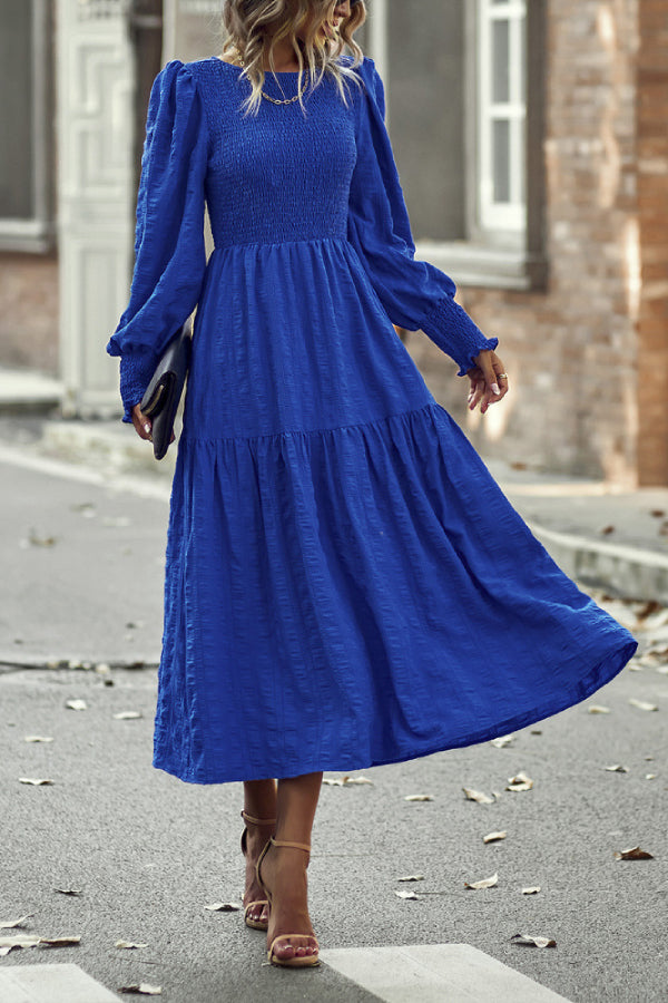 Solid Lantern Sleeve Ruffle Hem Shirred Dress Blue