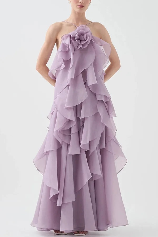 Free - Flowing Rose Detail Tiered Ruffles Halter A-line Maxi Dress Purple