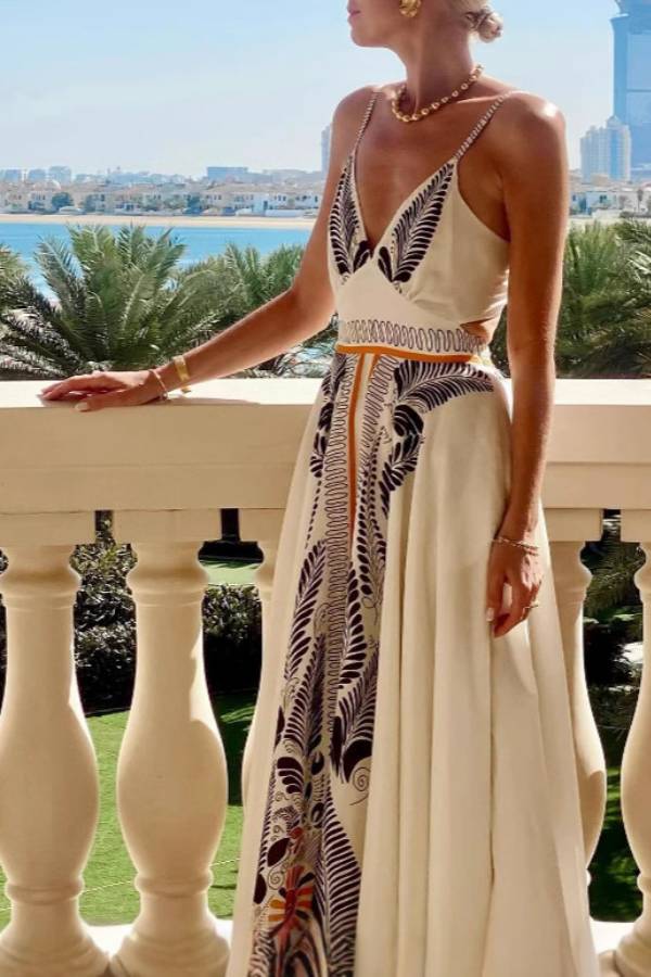 Tropical Palm Leaf Print V-Neck Tie Back Spaghetti Strap Maxi Vacation Dress
