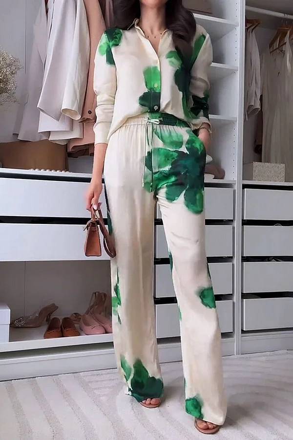Fashion Printed Lapel Shirt & Pants Two-Piece Set Green