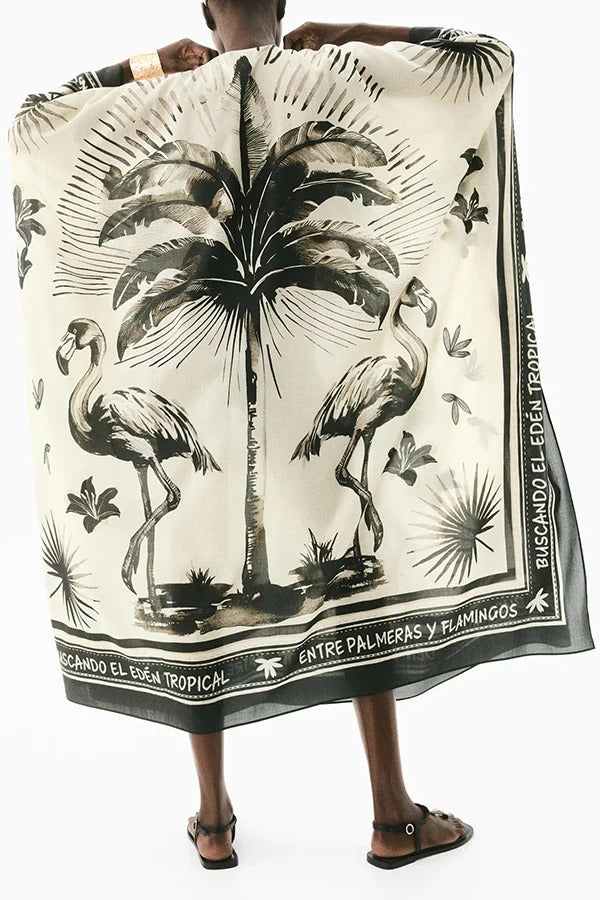 Flora Flamingo Print V-neck Loose Holiday Maxi Dress