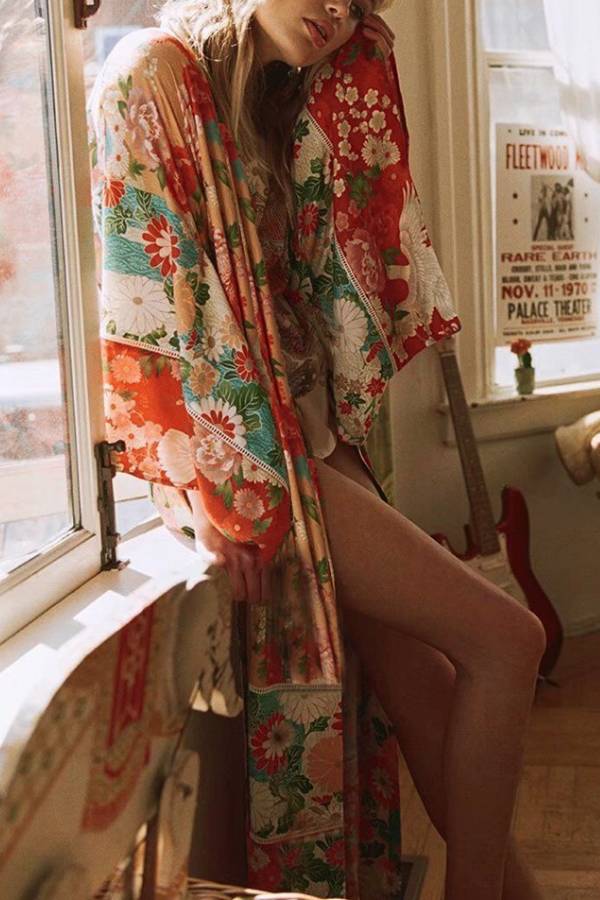 Floral Print Loose Open-Front Kimono Cover-Up