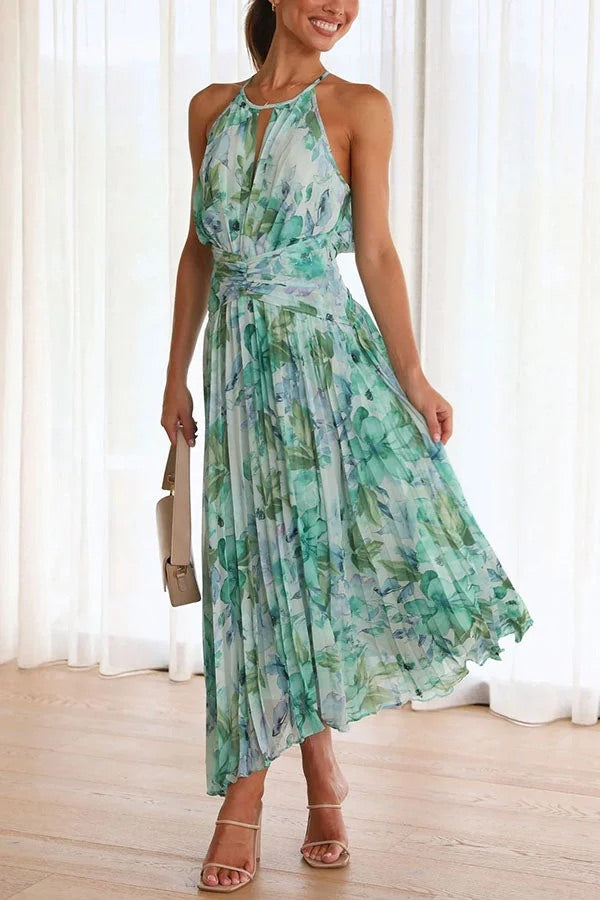 Sunny Forecast Floral Cutout Neck Pleated Midi Dress Green