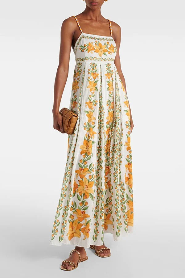 Summer Dreamer Linen Blend Unique Print Beaded Straps Pocketed Maxi Dress