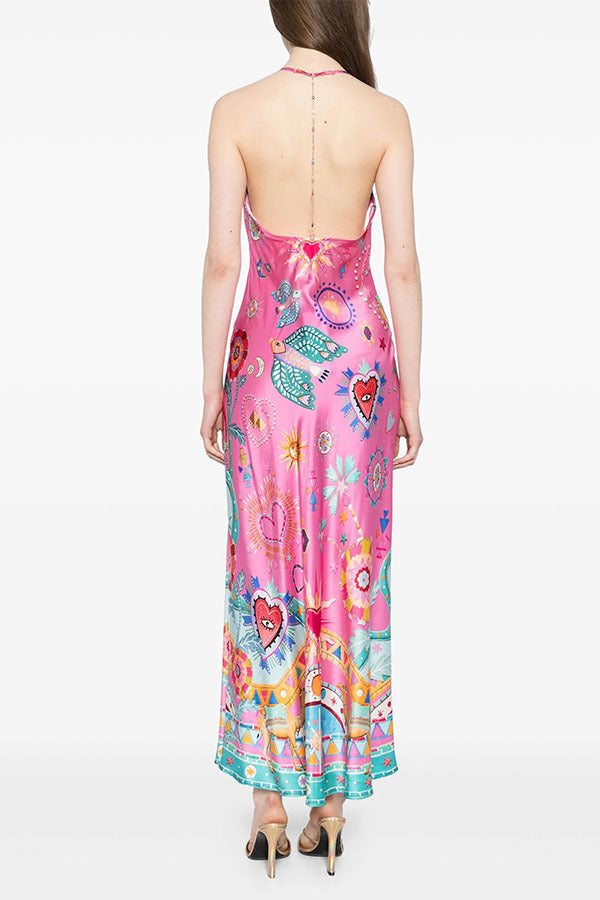 Pink Fantasy Print Halter Backless Silk Maxi Dress