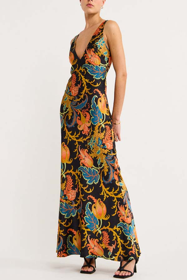 Forever Mine Satin Exclusive Botanical Print Slip Maxi Dress