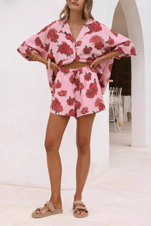Pink Rose Print Resort Shirt and Shorts Set
