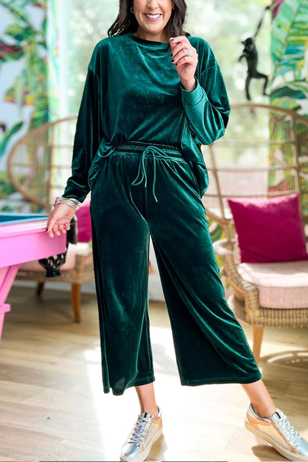 Blackish Green Velvet Long Sleeve Top & Wide Leg Pants Set Blackish Green
