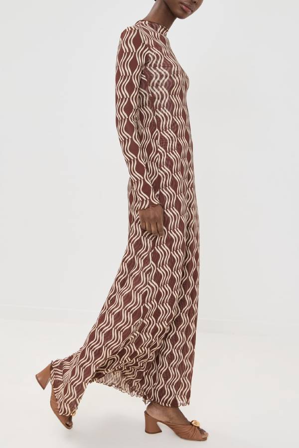 Mock Neck Wave Print Sheer Long Sleeve Maxi Dress