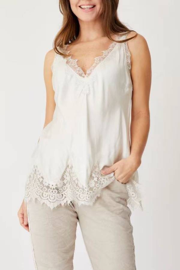 V‑Neck Eyelash Lace Satin Camisole Top