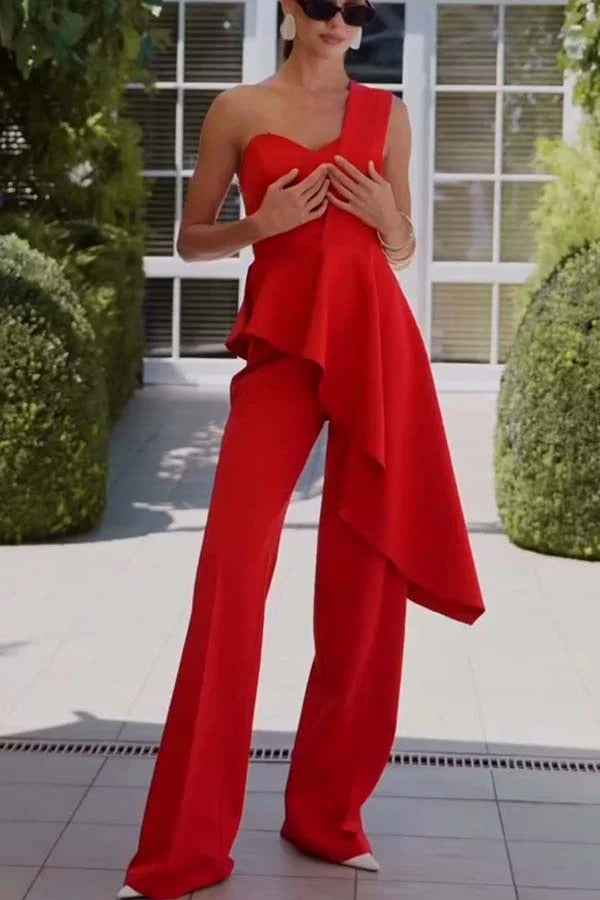 Ensemble haut asymétrique à col en cœur et ourlet à volants Amena et pantalon large à taille élastique avec poches