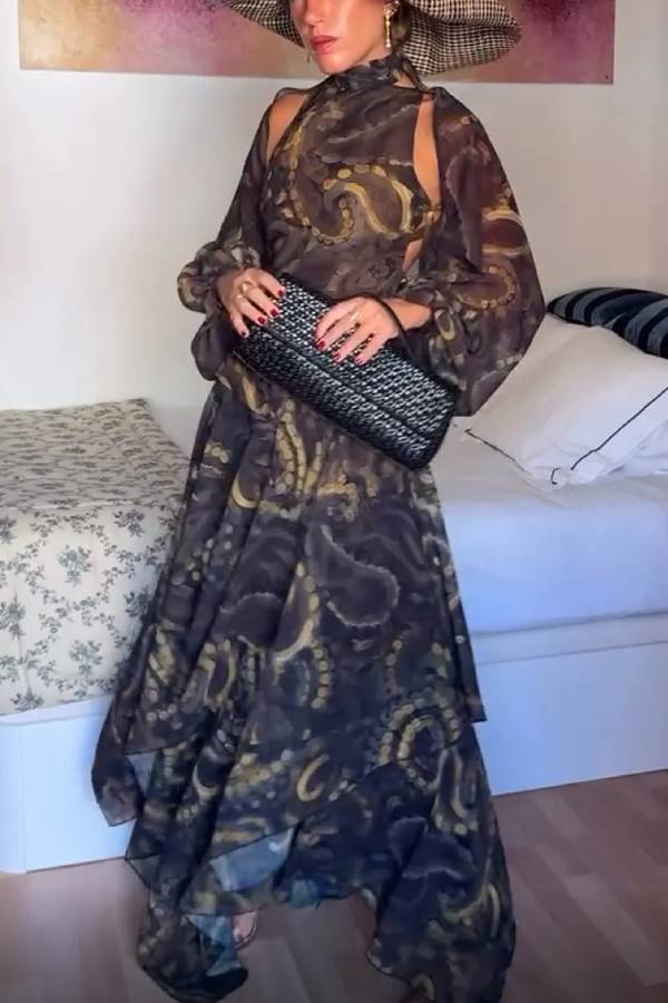 Abstract Print Halter Cutout Maxi Skirt Set