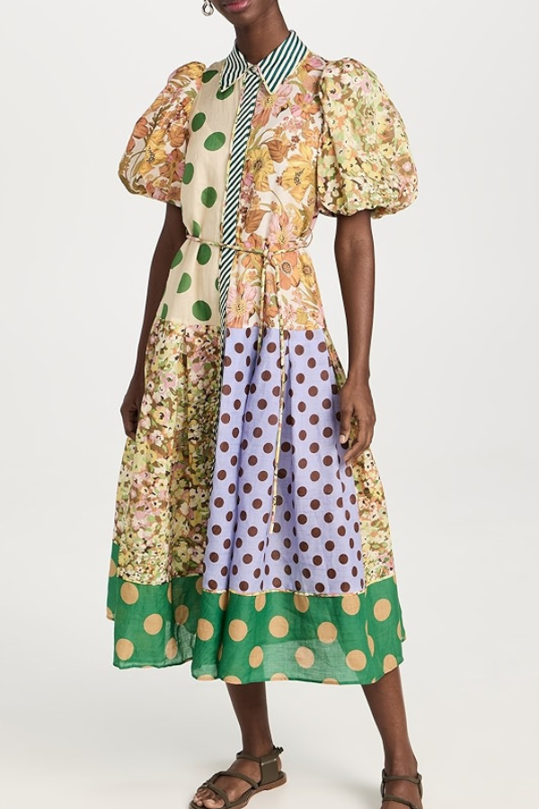 Printed Fashion Puff Sleeves All-match Slim Fit Swing Dress MultiColor