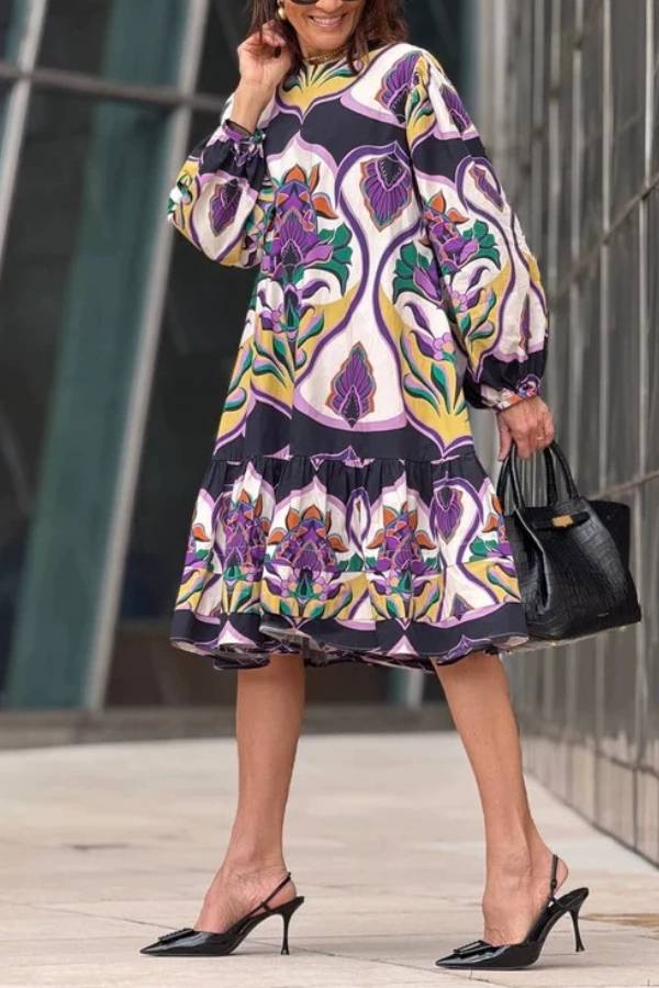 Vintage Print Lantern Sleeve Loose Midi Dress