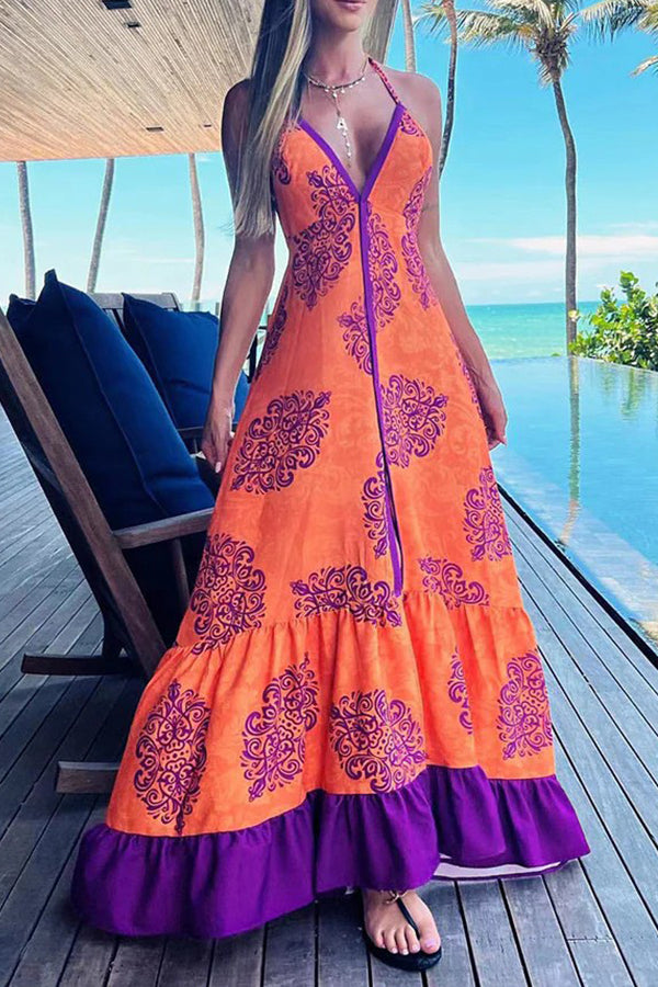 Fashion print V-tie dress Orange