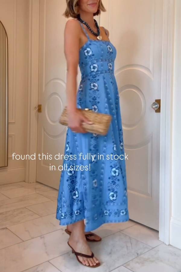 Blue White Floral Square Neck Spaghetti Strap Midi Dress High Waist A-Line Vacation Sundress