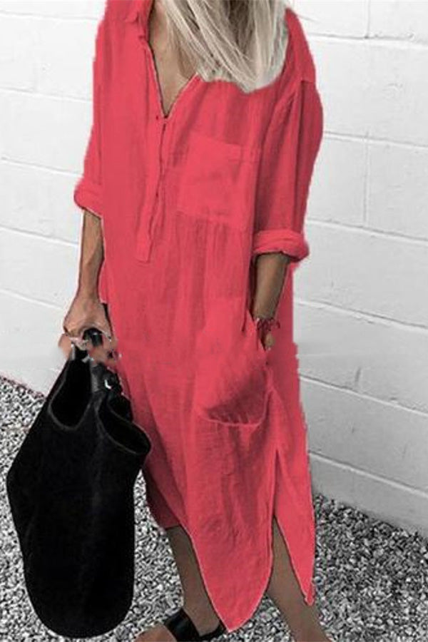 Elegant Solid Color Slit Shirt Dress Red