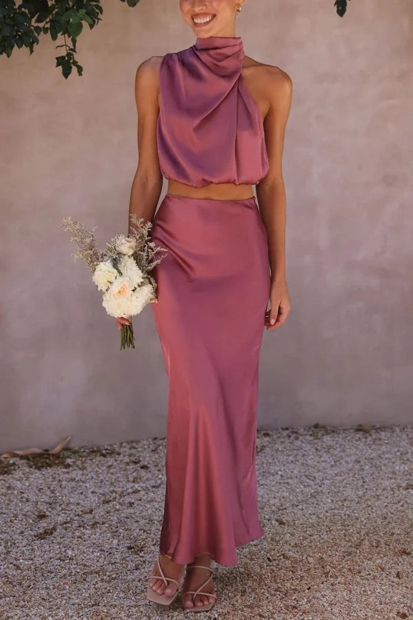 Such A Vibe High Neck Satin Drape Maxi Skirt Set Pink